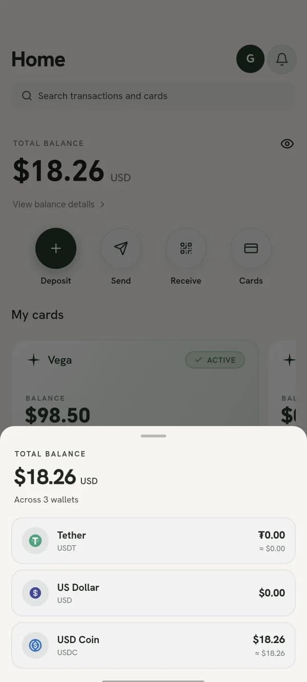 The Vega app balances sheet, showing Tether, US Dollar and USD Coin wallets with a combined total.