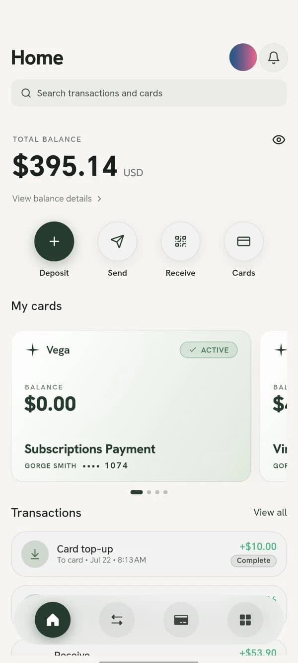 The Vega app home screen: total balance, quick actions for deposit, send, receive and cards, the card carousel, and recent transactions.