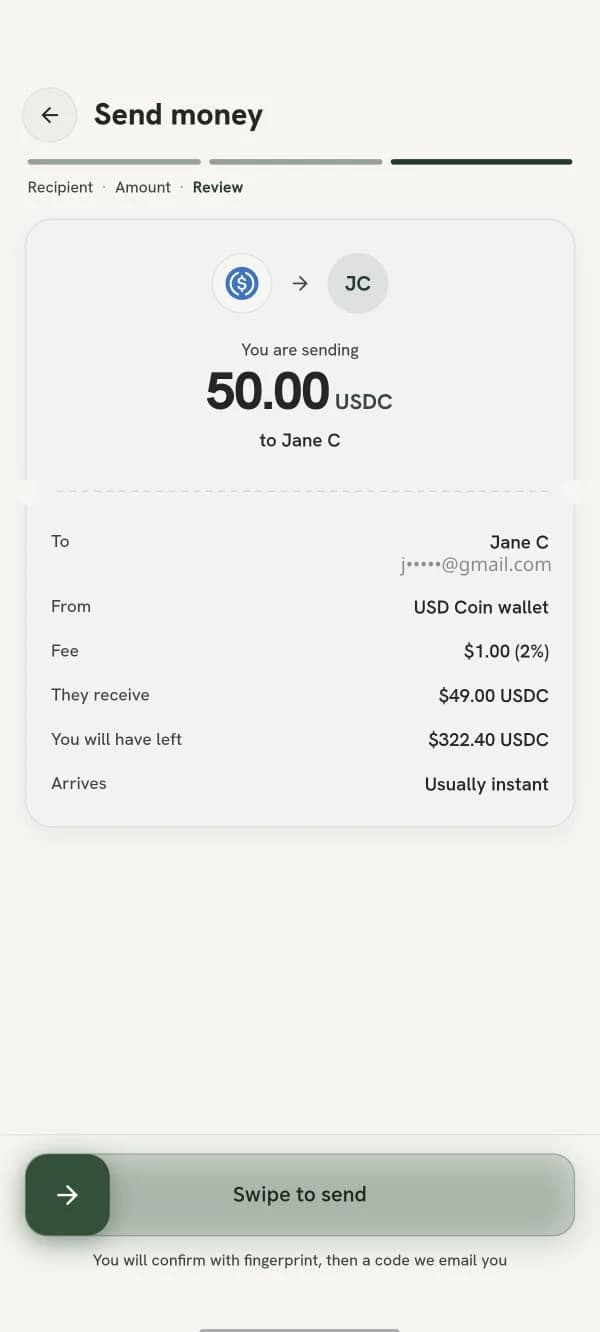 The Vega app send flow at the review step, restating the amount, fee, what the recipient receives, and the remaining balance before confirming.